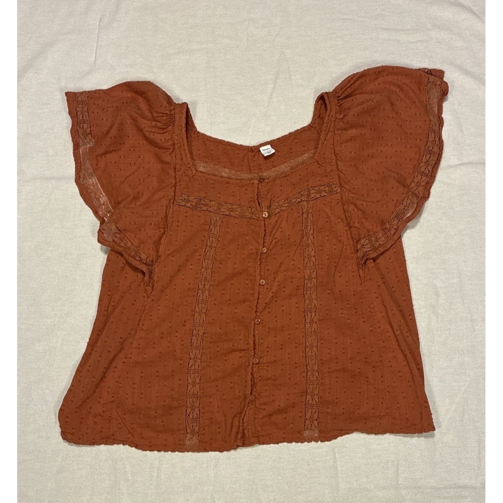 Women's Top Large Orange Peasant Blouse Ruffled Sleeves Crochet-lace Button-down